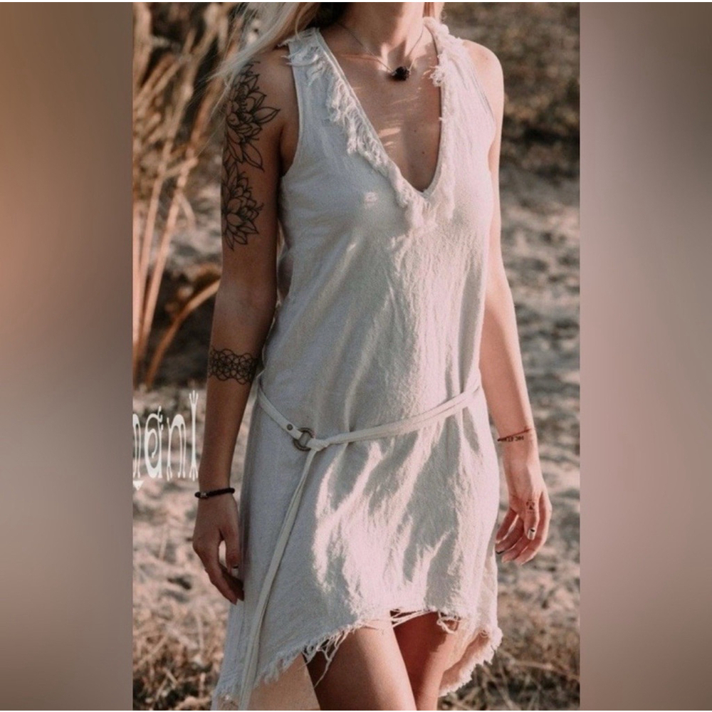 Chintamani Alchemistry Raw Cotton Mini Tunic Dress M Oatmeal Fringe Hi-Low EUC!